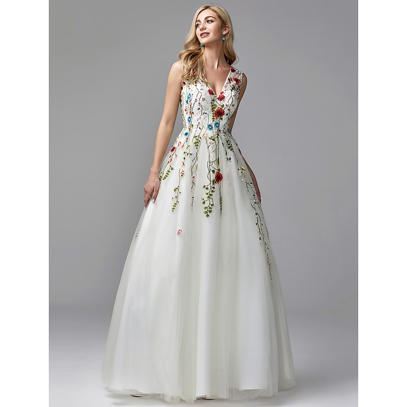 Beach Wedding A-Line Special Occasion Dresses Floral Dress Valentine's Day Wedding Guest Floor Length Sleeveless V Neck Lace with Embroidery Appliques dress to impress