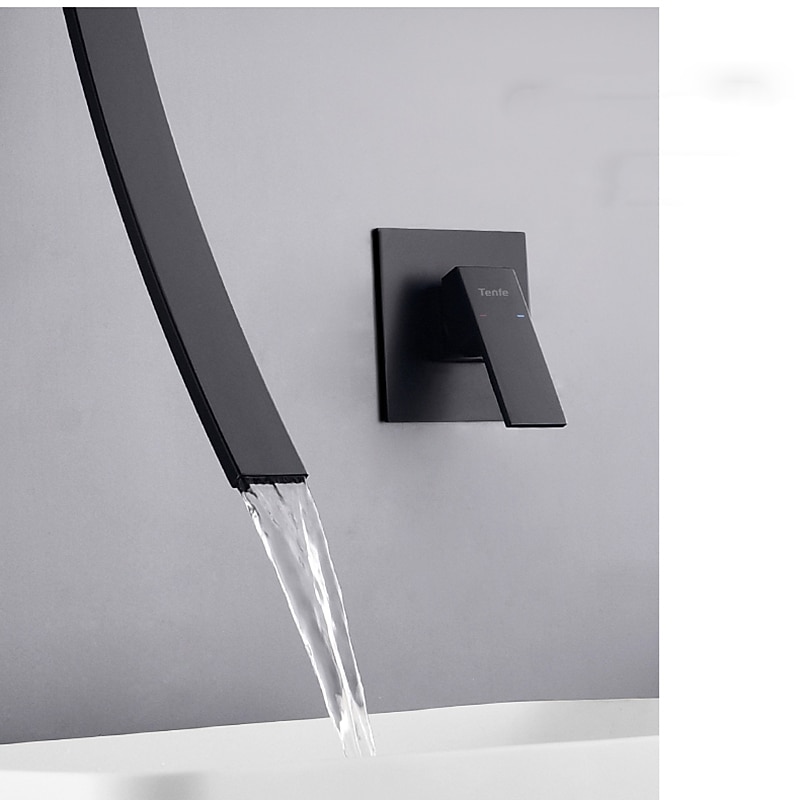 Wall Mounted Bathroom Sink Faucet,New Design Waterfall Black Single Handle Two Holes Bath Taps with Large Outlet and Flow Adjustable Switch and Hot/Cold Switch2