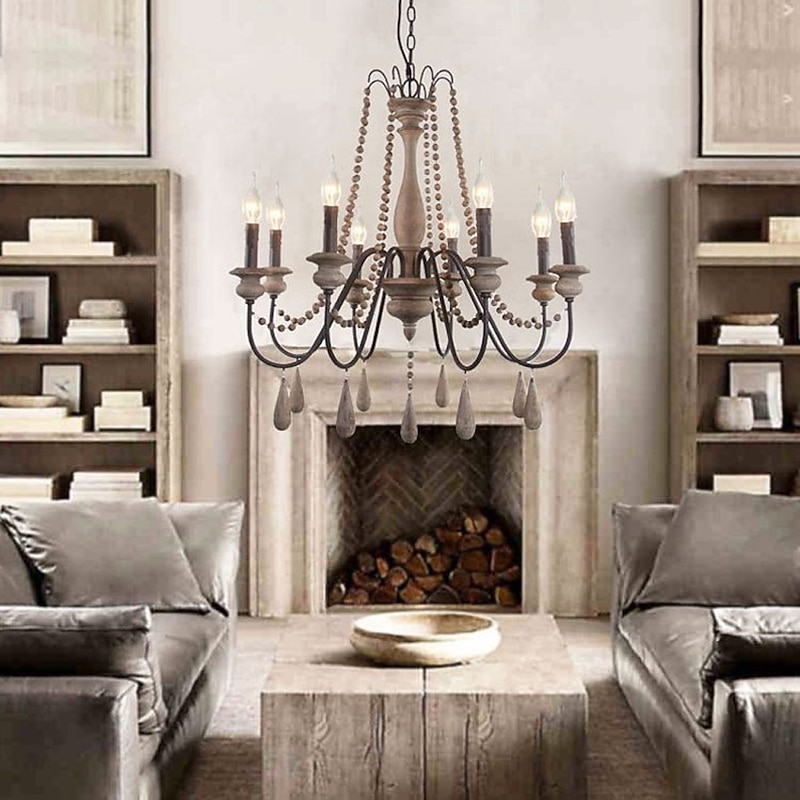 6-Light 6 Lights Vintage Candle Chandelier/ Wood Pendant Light Coffee Bar Rustic Lamp for Living Room Dinning Room Resturant Lights/ E12/E14 without Bulb4