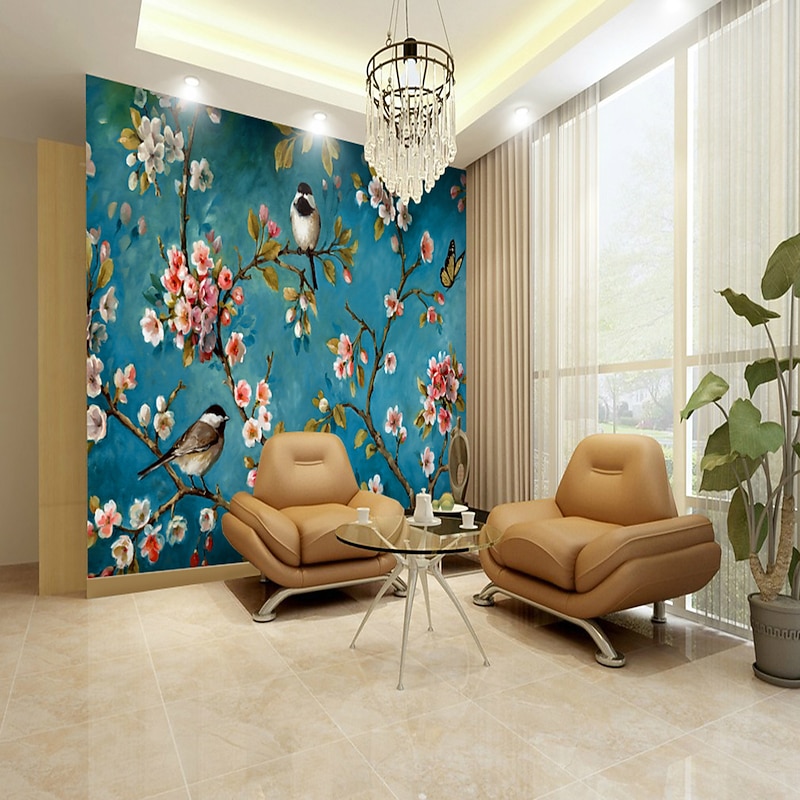 Cool Wallpapers Wall Mural Flower Blue Wallpaper Wall Sticker Covering Print Adhesive Required Bird Floral Canvas Home Décor4