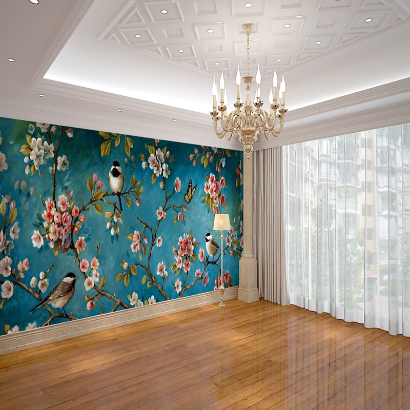 Cool Wallpapers Wall Mural Flower Blue Wallpaper Wall Sticker Covering Print Adhesive Required Bird Floral Canvas Home Décor3