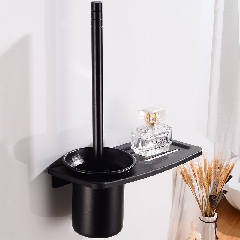 Toilet Brush Holder Set Aluminum Material Include Bathroom Toilet Brush and Toilet Brush Holder Wall Mounted Black 1Set2