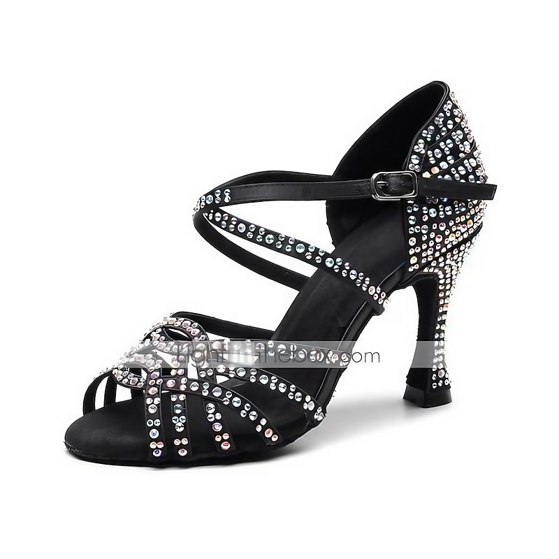 Women's Latin Dance Shoes Salsa Shoes Performance Party Practice Glitter Crystal Sequined Jeweled Heel Crystal / Rhinestone Crystals Flared Heel Buckle Ankle Strap Black