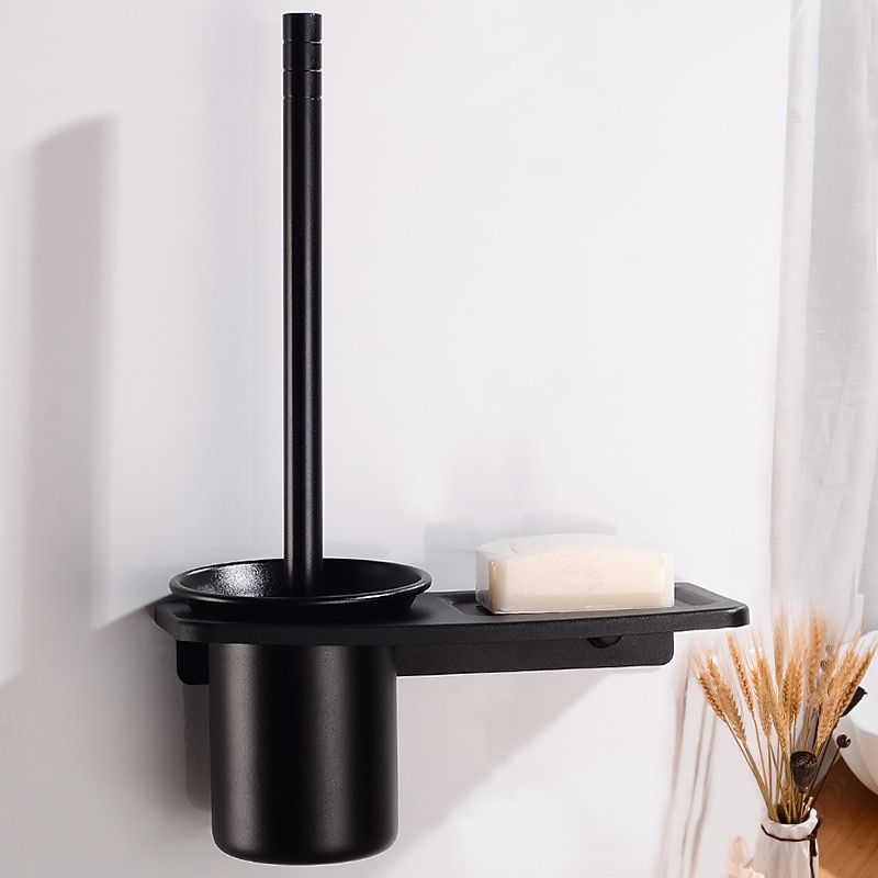 Toilet Brush Holder Set Aluminum Material Include Bathroom Toilet Brush and Toilet Brush Holder Wall Mounted Black 1Set3