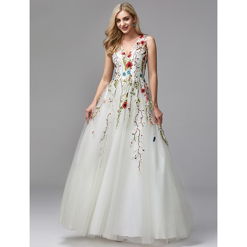 Beach Wedding A-Line Special Occasion Dresses Floral Dress Valentine's Day Wedding Guest Floor Length Sleeveless V Neck Lace with Embroidery Appliques dress to impress2
