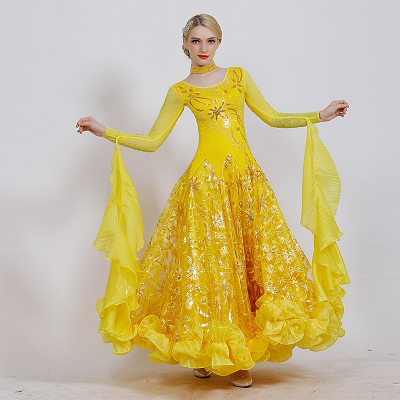 Ballroom Dance Dress Embroidery Cascading Ruffles Paillette Women's Performance Long Sleeve Ice Silk3