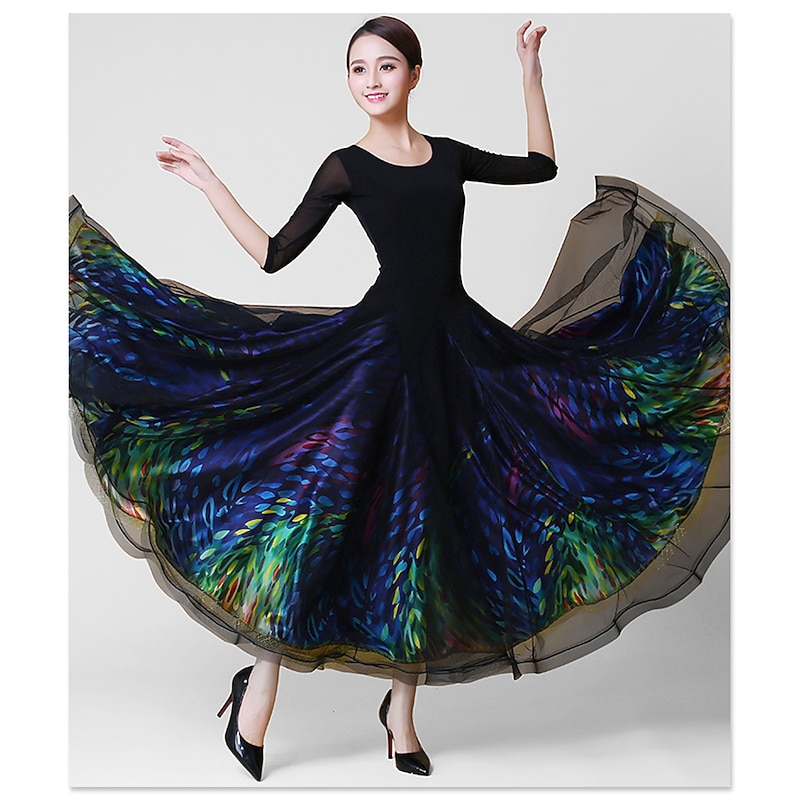 Ballroom Dance Dress Glitter Split Joint Women's Training Performance 3/4 Length Sleeve Natural Crystal Cotton Mesh Elastane2