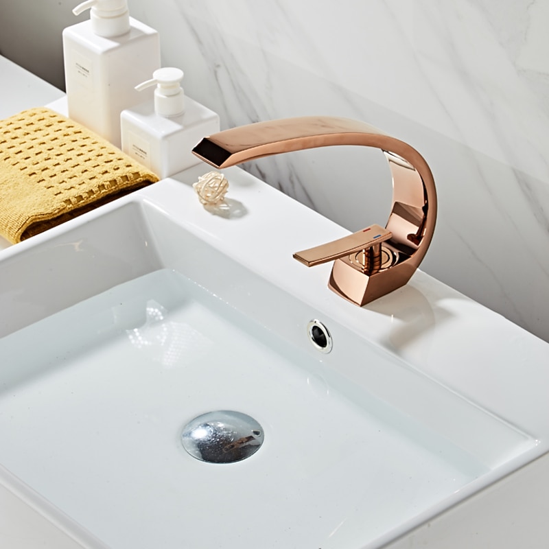 Brass Bathroom Sink Faucet Rose Gold Bend Shape Centerset Single Handle One Hole Faucet Set with Cold and Hot Water2