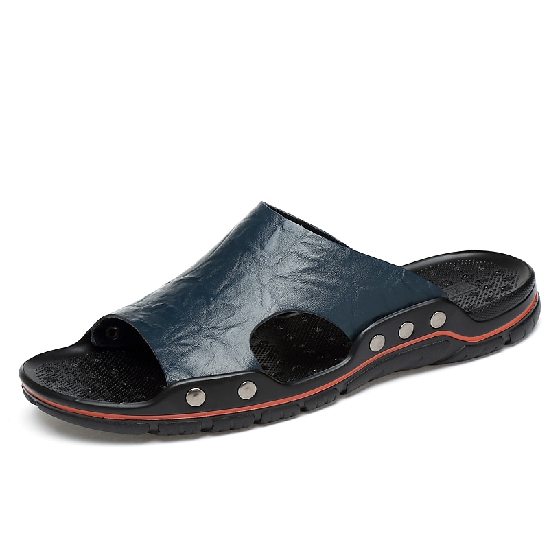 Men's Black Slip-On Leather Sandals – Casual Open-Toe Beach Slides with Studded Design and Comfortable Sole3