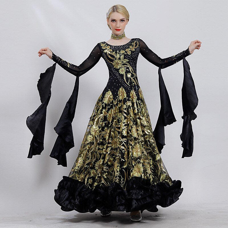 Ballroom Dance Dress Embroidery Cascading Ruffles Paillette Women's Performance Long Sleeve Ice Silk2