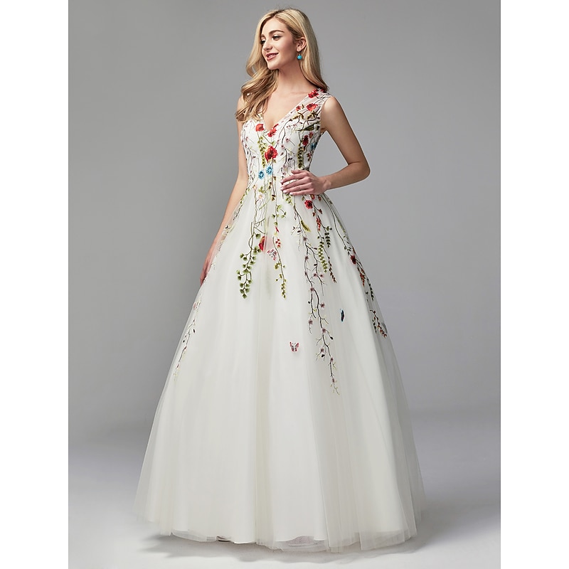 Beach Wedding A-Line Special Occasion Dresses Floral Dress Valentine's Day Wedding Guest Floor Length Sleeveless V Neck Lace with Embroidery Appliques dress to impress4