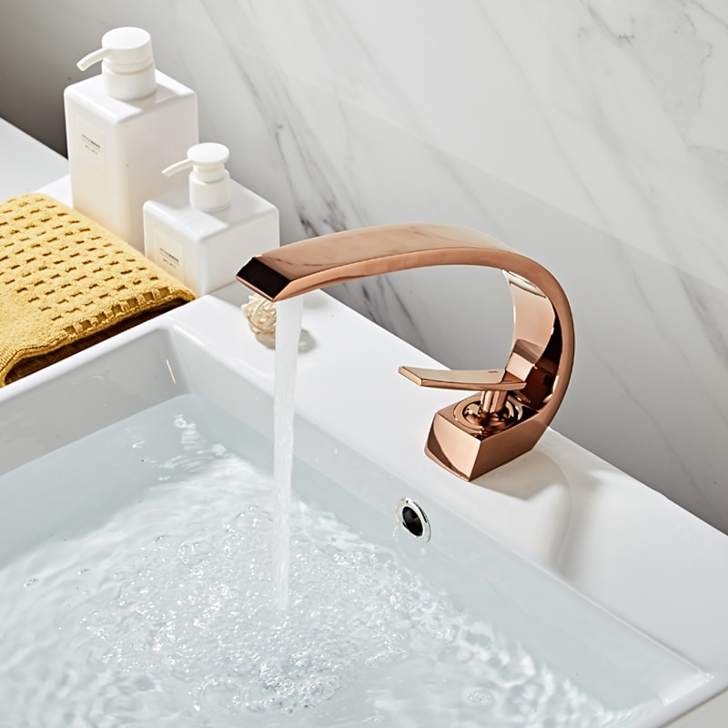 Brass Bathroom Sink Faucet Rose Gold Bend Shape Centerset Single Handle One Hole Faucet Set with Cold and Hot Water4