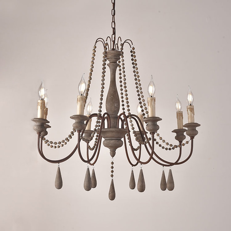 6-Light 6 Lights Vintage Candle Chandelier/ Wood Pendant Light Coffee Bar Rustic Lamp for Living Room Dinning Room Resturant Lights/ E12/E14 without Bulb3