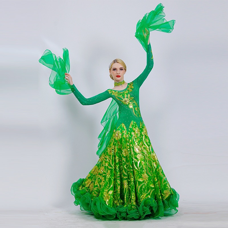 Ballroom Dance Dress Embroidery Cascading Ruffles Paillette Women's Performance Long Sleeve Ice Silk4