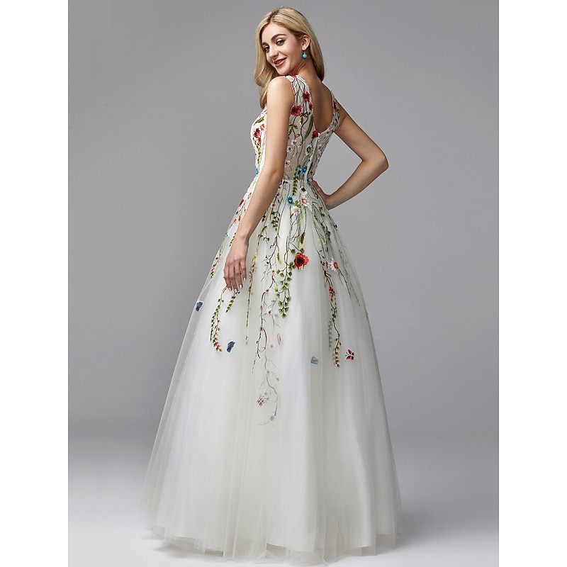 Beach Wedding A-Line Special Occasion Dresses Floral Dress Valentine's Day Wedding Guest Floor Length Sleeveless V Neck Lace with Embroidery Appliques dress to impress3