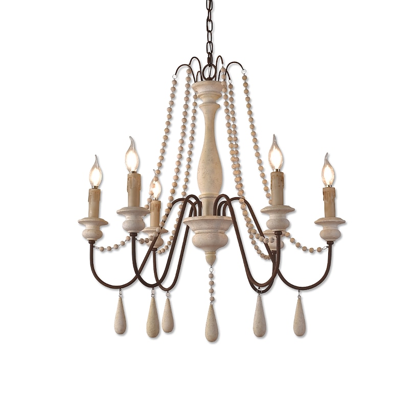 6-Light 6 Lights Vintage Candle Chandelier/ Wood Pendant Light Coffee Bar Rustic Lamp for Living Room Dinning Room Resturant Lights/ E12/E14 without Bulb2
