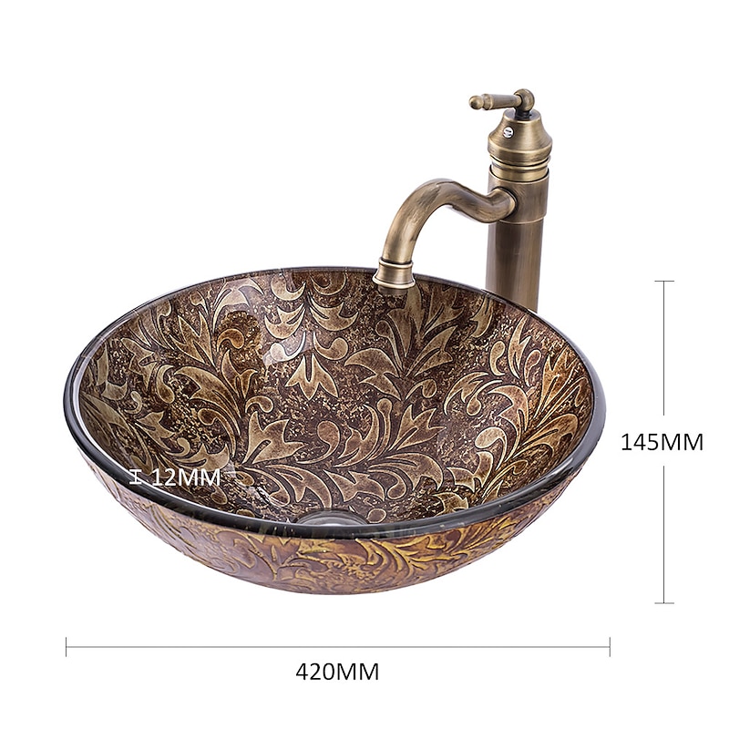 Vintage Bathroom Vessel Sink Set Round 16.5"x5.7", Sink Mixer Faucet and Drain Combo with Pop-up Drain, Boat Shape Tempered Glass Artistic Vessel Vanity Sink Bowl, Above Counter Sink Art Wash Basin3