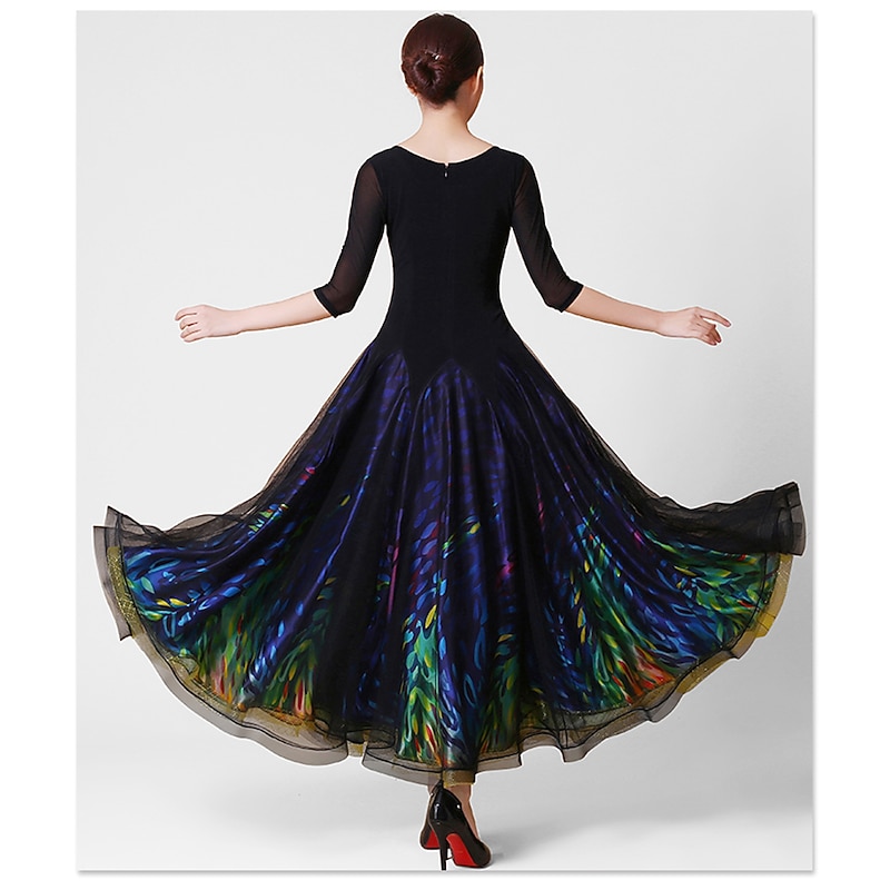 Ballroom Dance Dress Glitter Split Joint Women's Training Performance 3/4 Length Sleeve Natural Crystal Cotton Mesh Elastane4