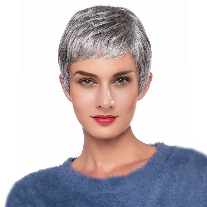 Human Hair Blend Wig Short Natural Wave Pixie Cut Dark Gray New Comfortable African American Wig Capless Indian Hair Women's All Grey / For Black Women2
