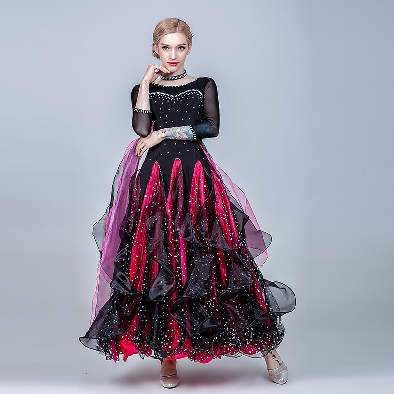 Ballroom Dance Dress Split Joint Crystals / Rhinestones Paillette Women's Training Performance 3/4-Length Sleeve Tulle Ice Silk2