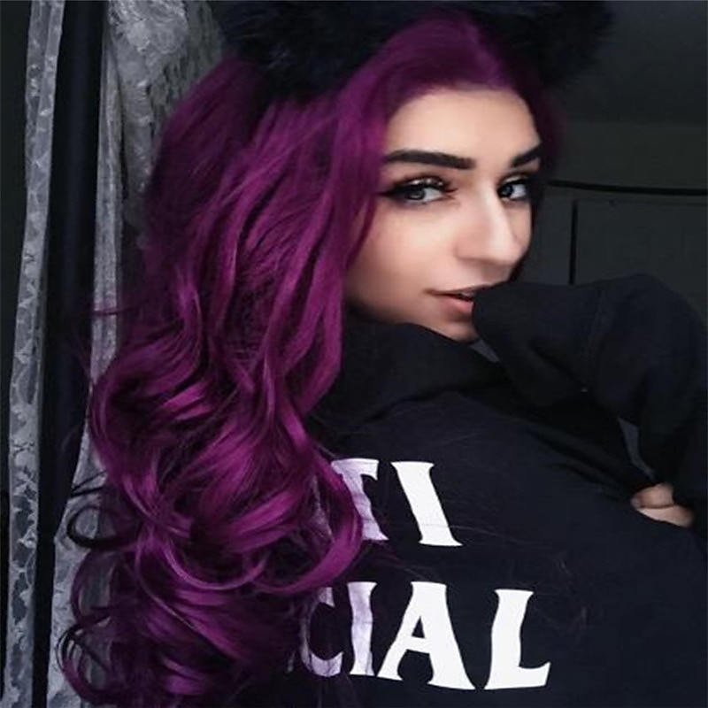 Purple Wigs for Women Gothic Wig Synthetic Wig Body Wave Middle Part Wig Long Black Red Dark Purple Synthetic Hair 26 Inch Women Purple（Non-Lace） Halloween Wigs