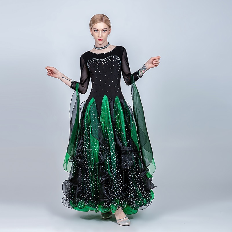 Ballroom Dance Dress Split Joint Crystals / Rhinestones Paillette Women's Training Performance 3/4-Length Sleeve Tulle Ice Silk4