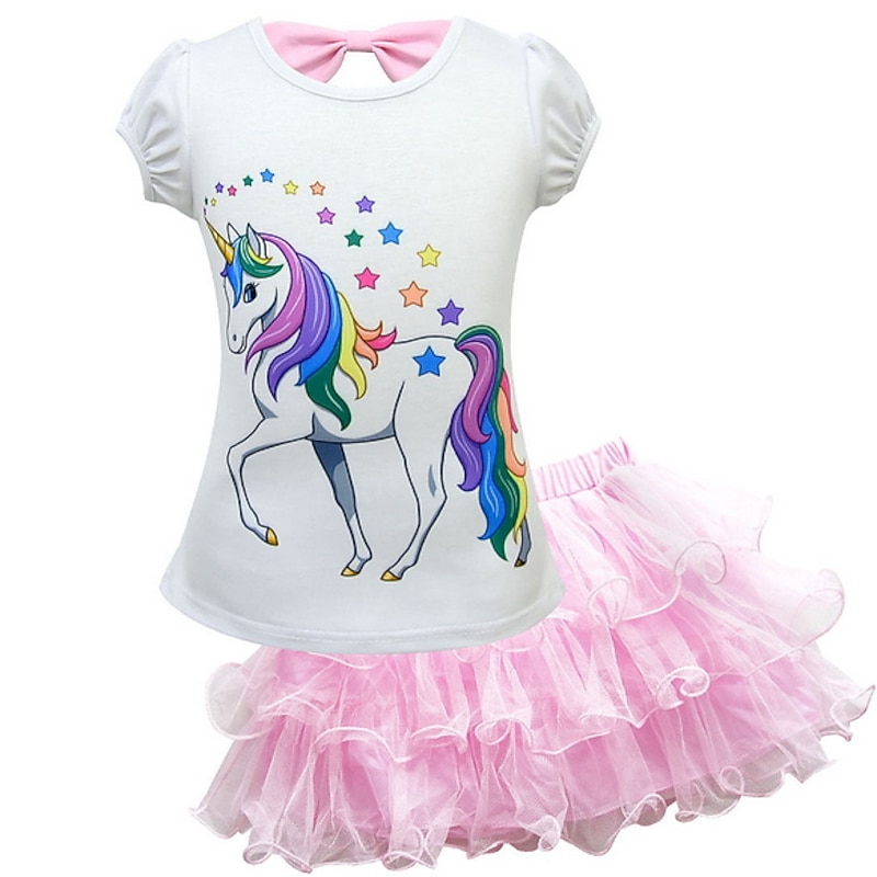 Kids Girls' Unicorn 2Pcs T-shirt&Skirt Clothing Set Bow Short Sleeve Purple Blushing Pink Fuchsia Horse Unicorn Cartoon Bow Tulle Cotton Basic3
