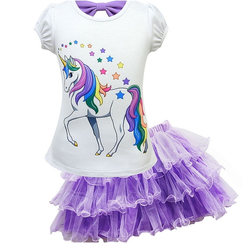 Kids Girls' Unicorn 2Pcs T-shirt&Skirt Clothing Set Bow Short Sleeve Purple Blushing Pink Fuchsia Horse Unicorn Cartoon Bow Tulle Cotton Basic