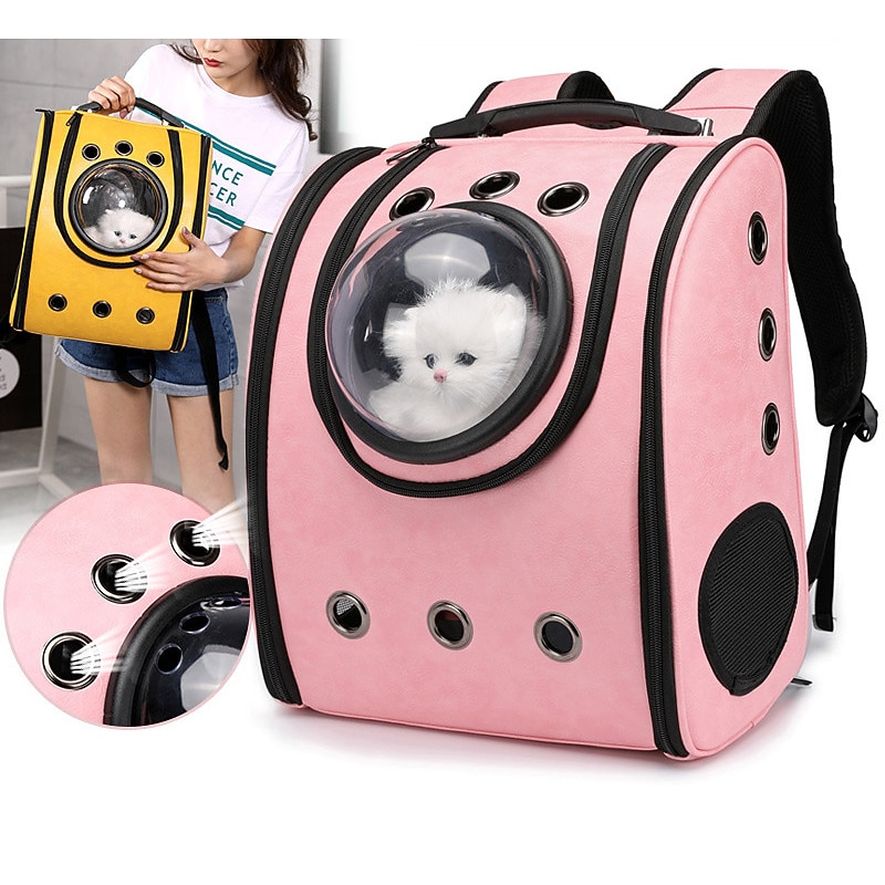 Cat Dog Carrier Bag Travel Backpack Astronaut Capsule Carrier Portable Breathable Solid Colored Space Capsule Bubble Design Leather Black Yellow Pink2