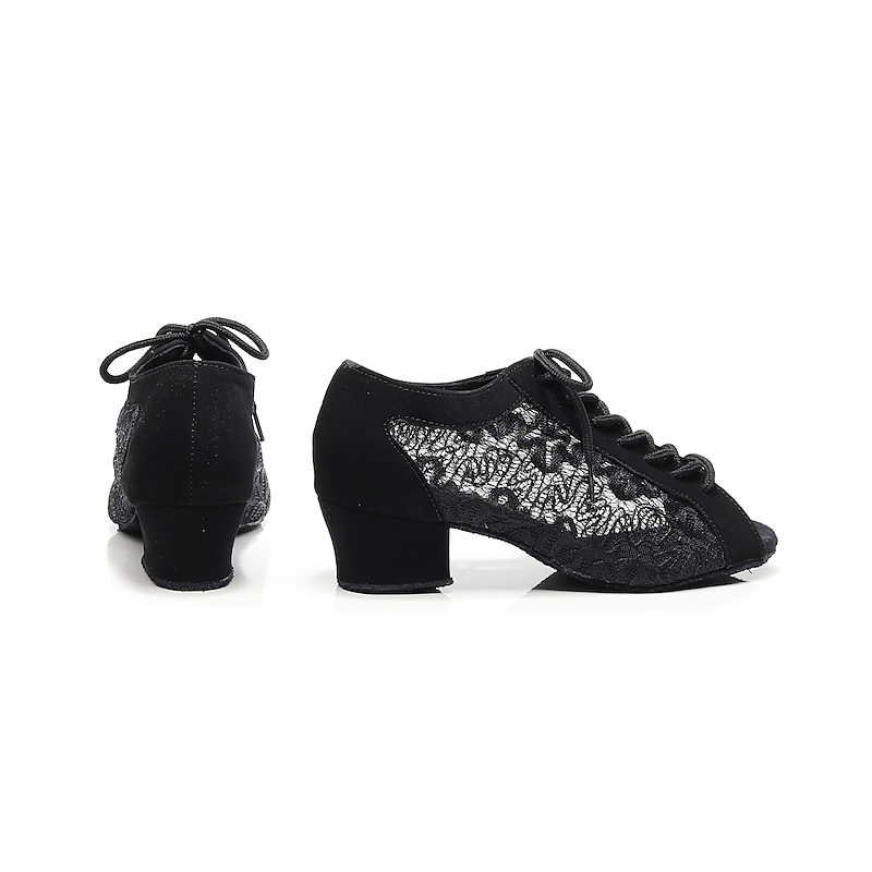 Black Lace-Detail Dance Shoes with Open-Toe, Soft Suede Sole and Lace-Up Design – Comfortable Ballroom and Latin Dance Shoes for Women2