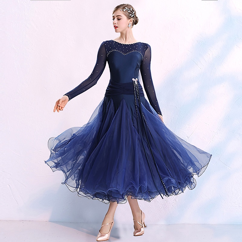 Ballroom Dance Dress Split Joint Crystals Competition Dress/ Rhinestones Women's Performance Long Sleeve Spandex3