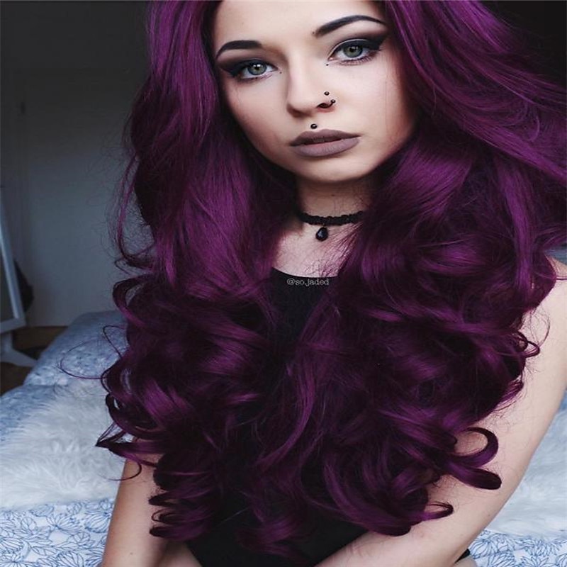 Purple Wigs for Women Gothic Wig Synthetic Wig Body Wave Middle Part Wig Long Black Red Dark Purple Synthetic Hair 26 Inch Women Purple（Non-Lace） Halloween Wigs4