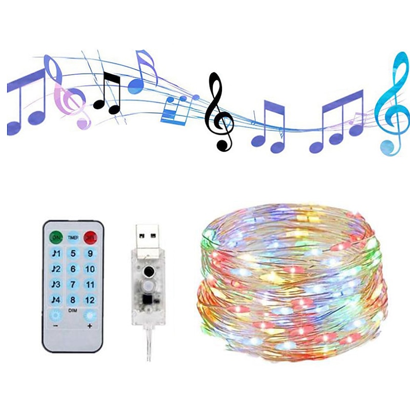 Sound Control 20m String Lights Outdoor String Lights 200 LEDs 17-Key Remote Controller White RGB Warm White Party USB USB Powered 1 set2