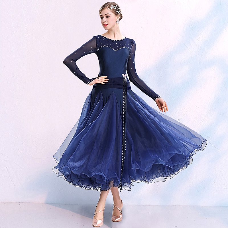 Ballroom Dance Dress Split Joint Crystals Competition Dress/ Rhinestones Women's Performance Long Sleeve Spandex2