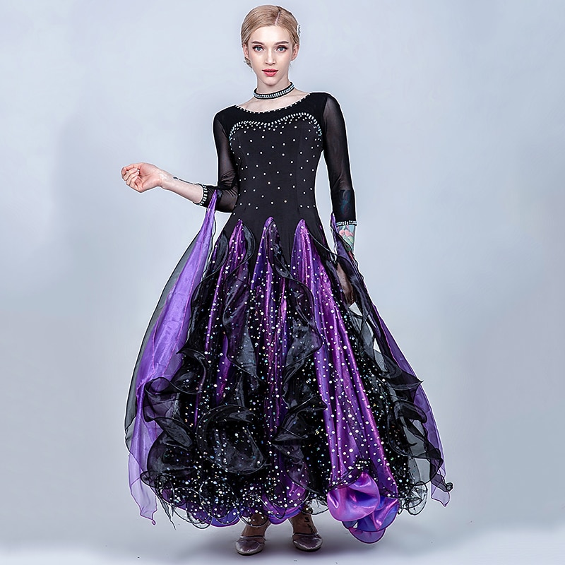 Ballroom Dance Dress Split Joint Crystals / Rhinestones Paillette Women's Training Performance 3/4-Length Sleeve Tulle Ice Silk3
