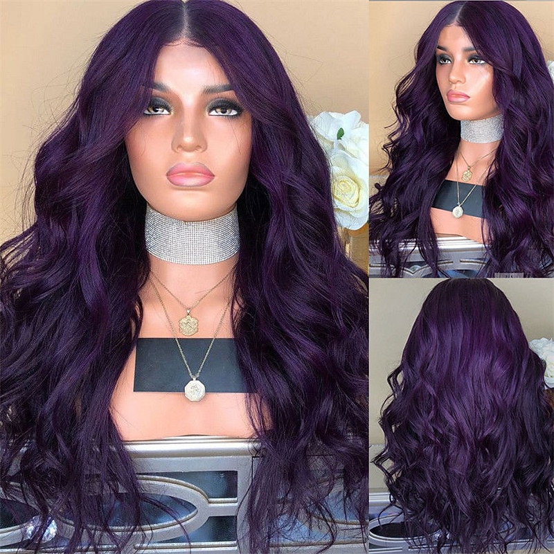 Purple Wigs for Women Gothic Wig Synthetic Wig Body Wave Middle Part Wig Long Black Red Dark Purple Synthetic Hair 26 Inch Women Purple（Non-Lace） Halloween Wigs3
