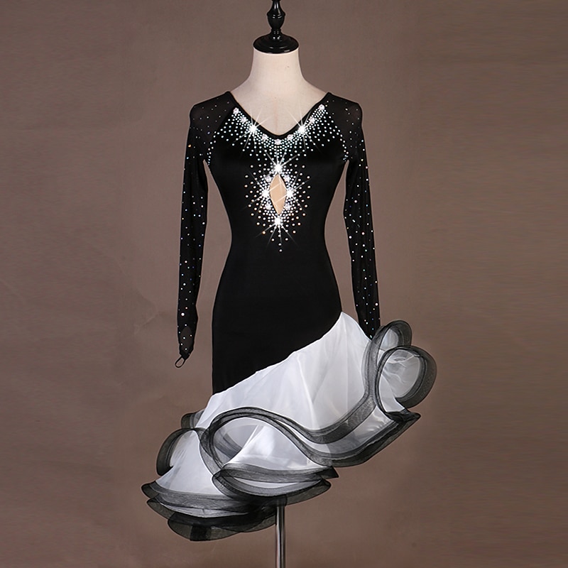 Dance Salsa Latin Dance Dress Ruching Crystals / Rhinestones Women's Performance Long Sleeve Spandex Organza