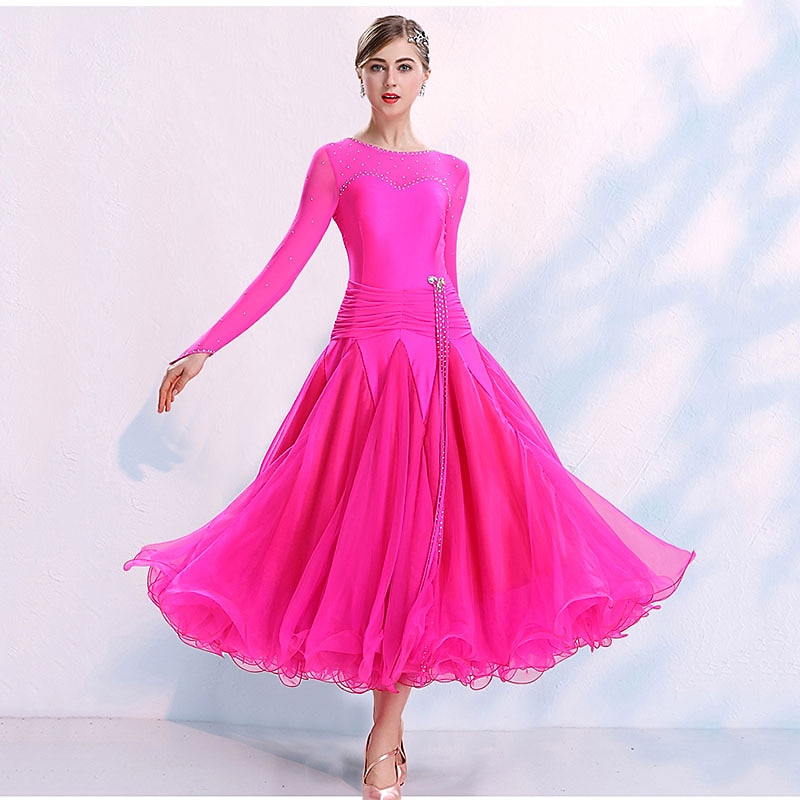 Ballroom Dance Dress Split Joint Crystals / Rhinestones Women's Training Performance Long Sleeve Spandex Organza Polyster3