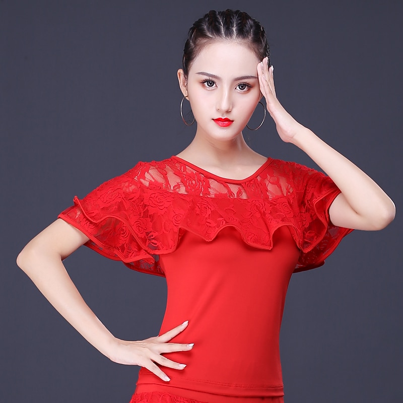 Latin Dance Top Lace Women's Training Performance Short Sleeve Lace Milk Fiber Polyester3