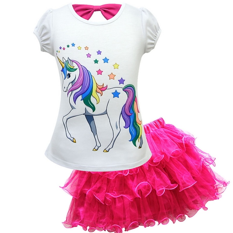 Kids Girls' Unicorn 2Pcs T-shirt&Skirt Clothing Set Bow Short Sleeve Purple Blushing Pink Fuchsia Horse Unicorn Cartoon Bow Tulle Cotton Basic2
