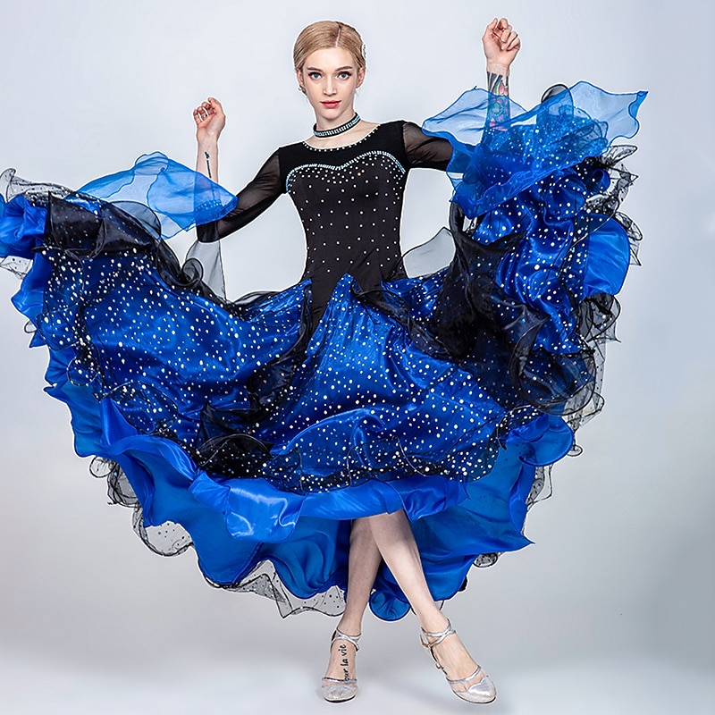 Ballroom Dance Dress Split Joint Crystals / Rhinestones Paillette Women's Training Performance 3/4-Length Sleeve Tulle Ice Silk