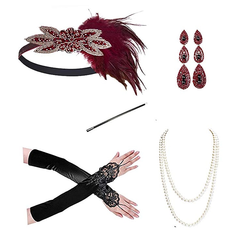 Vintage 1920s The Great Gatsby Flapper Headband Accessories Set Charleston Wedding Guest Feather Fancy Dress Women's Wedding Reception Bachelorette Party Festival Adults'3