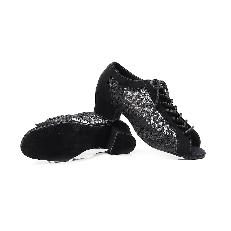 Black Lace-Detail Dance Shoes with Open-Toe, Soft Suede Sole and Lace-Up Design – Comfortable Ballroom and Latin Dance Shoes for Women3