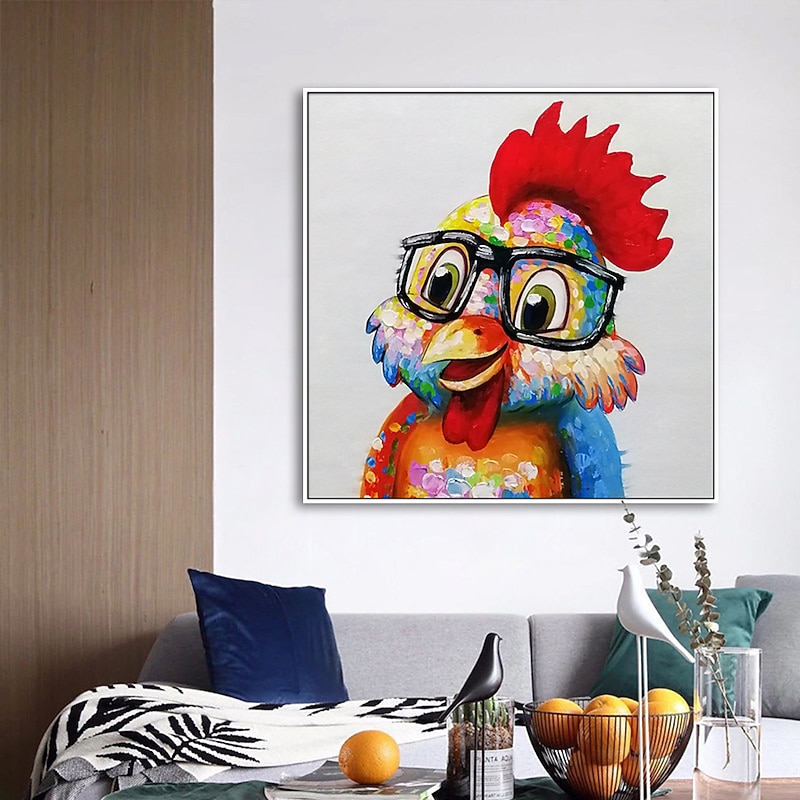 Nursery Oil Painting Handmade Hand Painted Wall Art Pop Cartoon Chicken Animal Home Decoration Décor Stretched Frame Ready to Hang