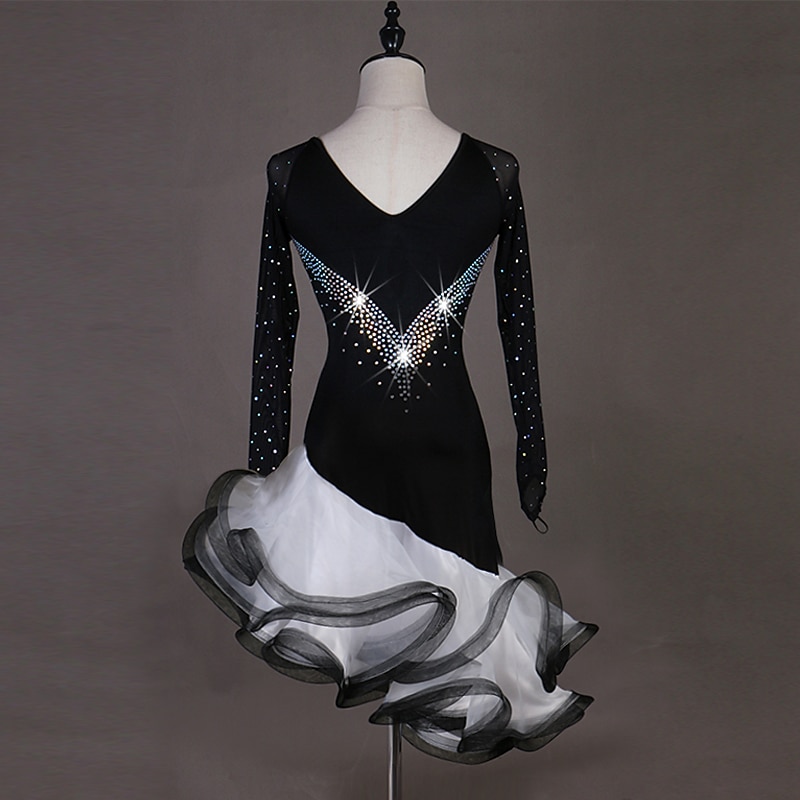 Dance Salsa Latin Dance Dress Ruching Crystals / Rhinestones Women's Performance Long Sleeve Spandex Organza2