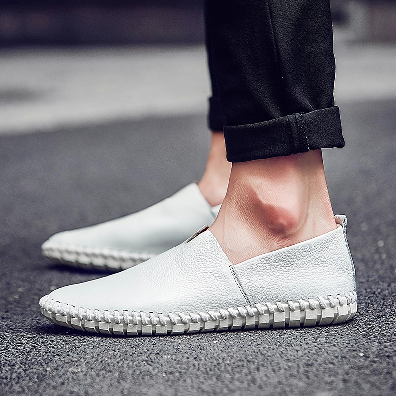 Men's White Leather Slip-On Loafers with Detailed Stitching, Comfortable Non-Slip Sole, and Breathable Design | Casual Driving Shoes3