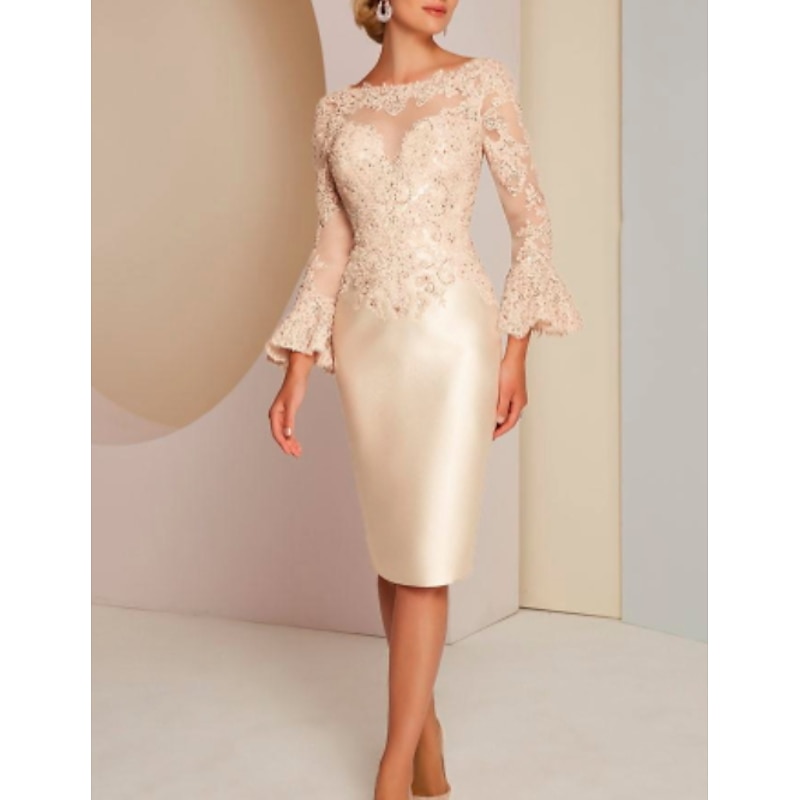 Beach Wedding Sheath Gold Dresses Mother of the Bride Dress Elegant Vintage Luxurious Jewel Neck Knee Length Satin Lace Long Sleeve with Appliques dress Race Day Dress3
