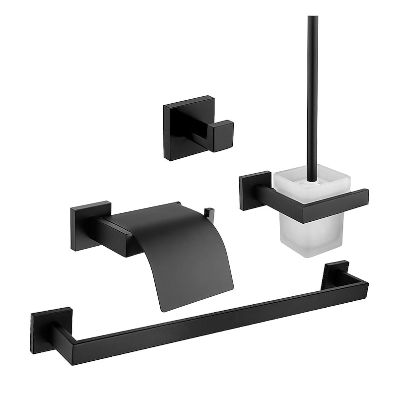 Bathroom Accessory Set Stainless Steel with Painted Finishes Toilet Paper Holder/Tower Rack/Toilet Brush Holder/Robe Hook 4pcs Wall Mounted Matte Black
