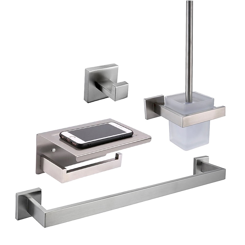 Multifunction  Bathroom Accessory Set Include Towel Bar Toilet Brush Holder  Robe Hook and Toilet Paper Holder Contemporary Stainless Steel for Bathroom Wall Mounted Silvery 4pcs