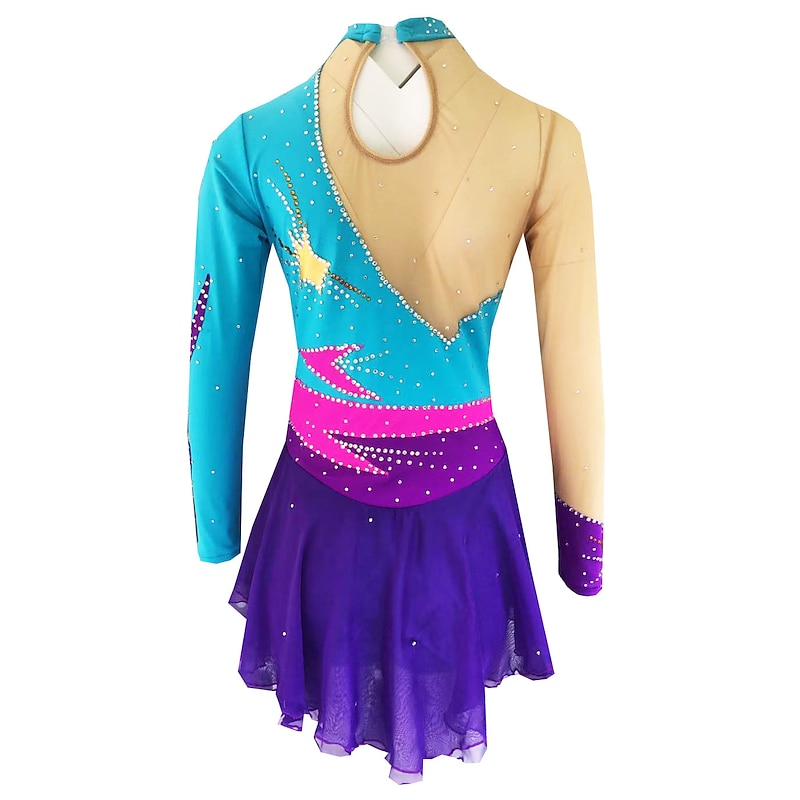 Figure Skating Dress Women's Girls' Ice Skating Dress Pale Blue Patchwork Spandex High Elasticity Competition Skating Wear Handmade Solid Colored Long Sleeve Ice Skating Figure Skating2
